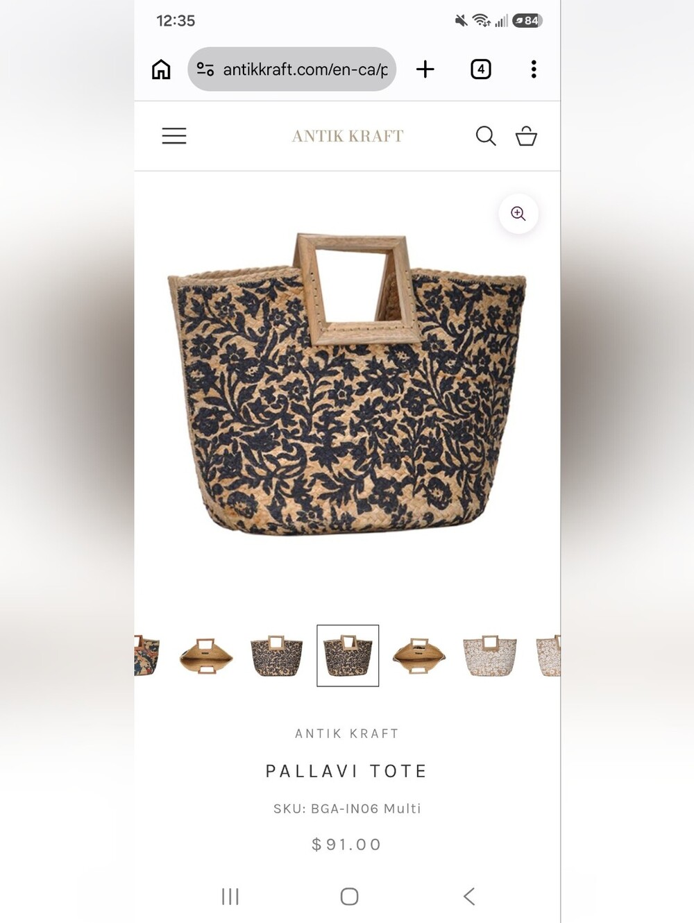 Antik Kraft Jute Tote with Blue Floral Motif and Wooden Square Handles